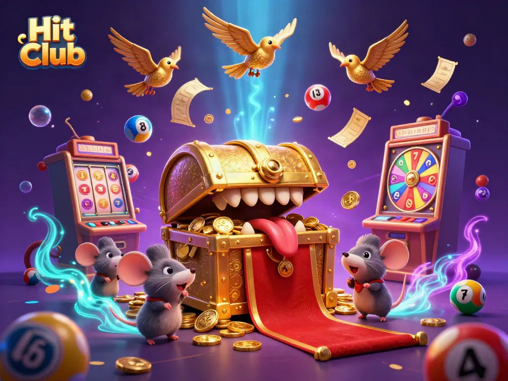Spin to win with Hit Club's vibrant casino scene featuring interactive games and sparkling treasures.