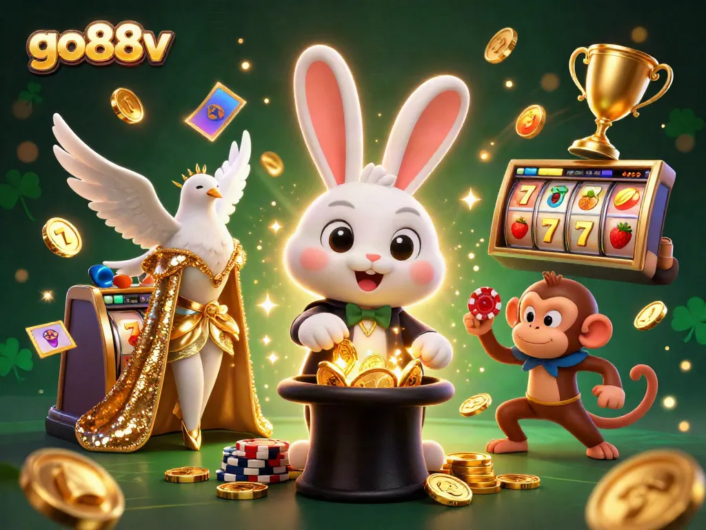 Experience magic at go88v with a rabbit, dove, and monkey among casino elements.