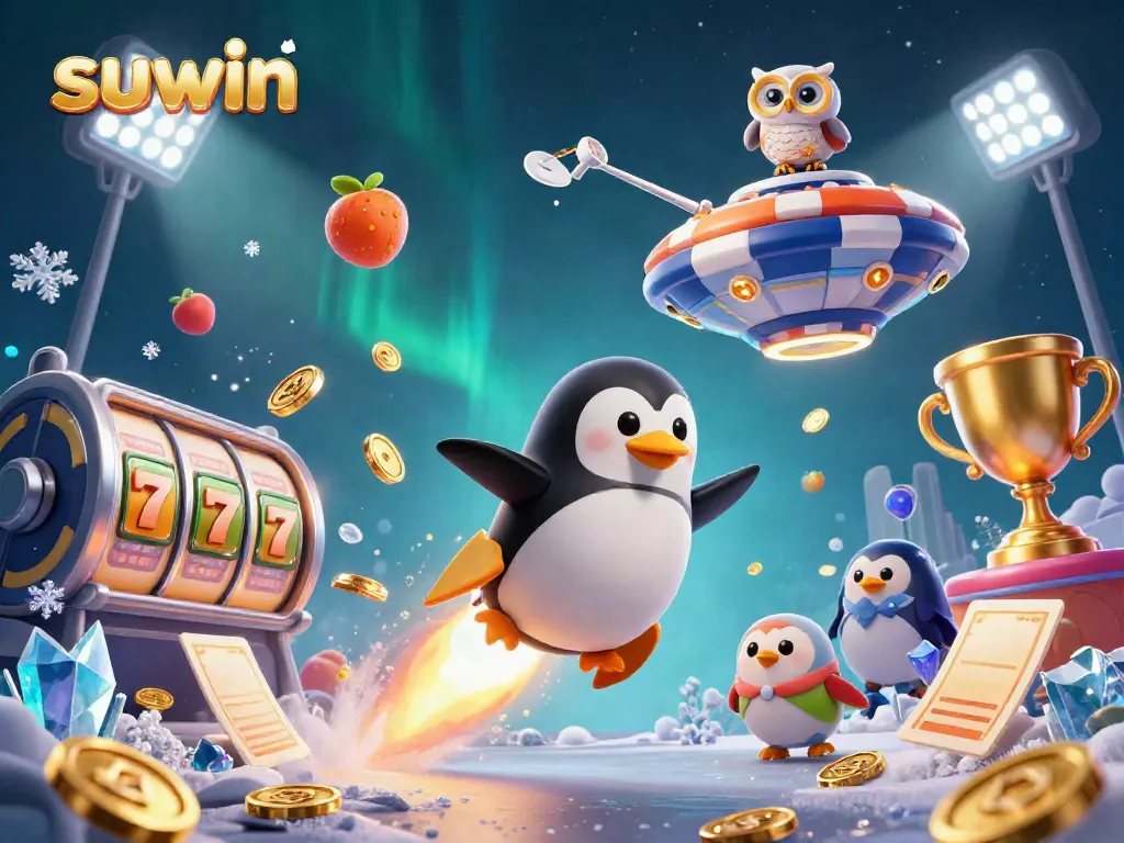 Experience casino excitement with suwin's golden penguin navigating through vibrant slot reels and dynamic casino symbols.