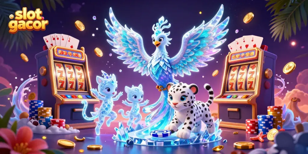 Engage with vibrant slot gacor gameplay featuring an ice phoenix, snow leopard cub, and dazzling casino elements.