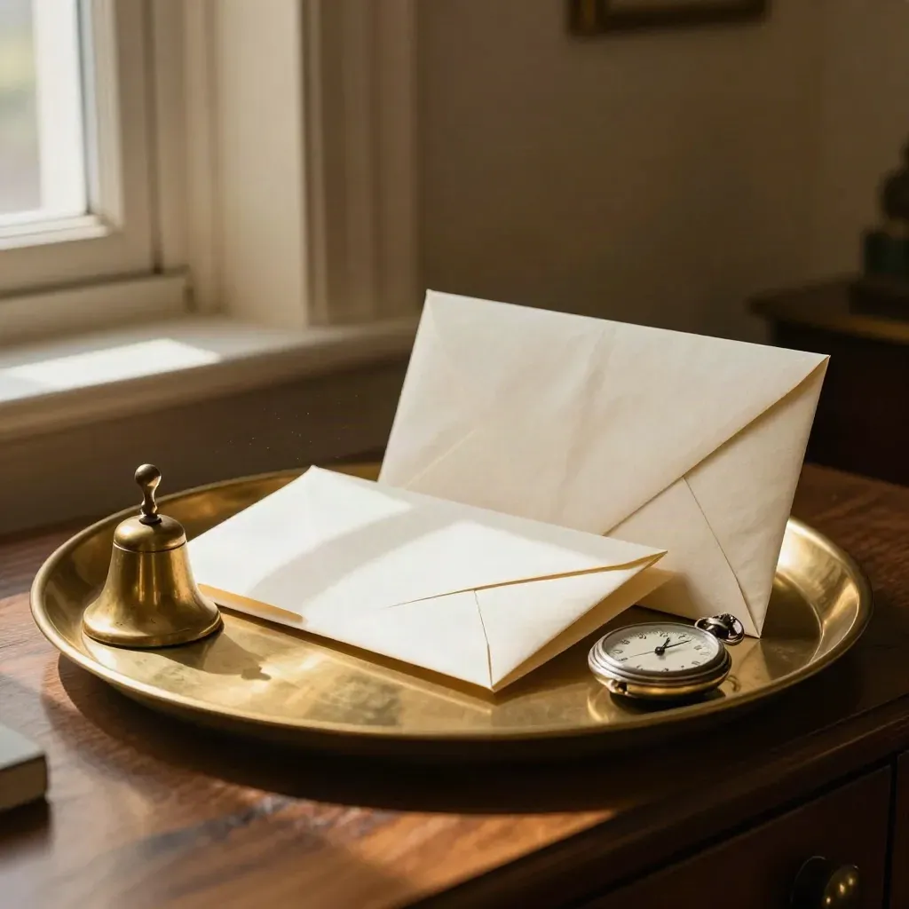 Drie verzegelde check-in enveloppen met een brass bell en zakhorloge op een schaal.