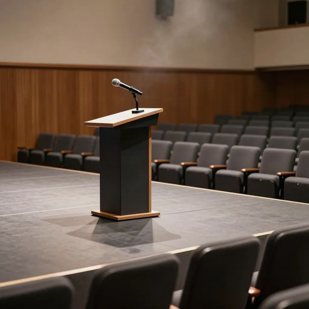 Leeg podium met microfoon en stoelen in een donkere zaal, klaar na een geslaagde pitch.