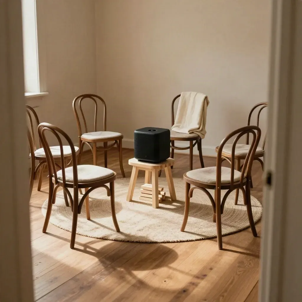 Lege stoelen in een coachingscirkel met speaker en cue blocks in warm avondlicht.