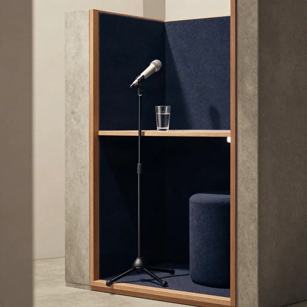 Een kleine spreekcabine met microfoon, waterglas en akoestische panelen in sfeervol licht.