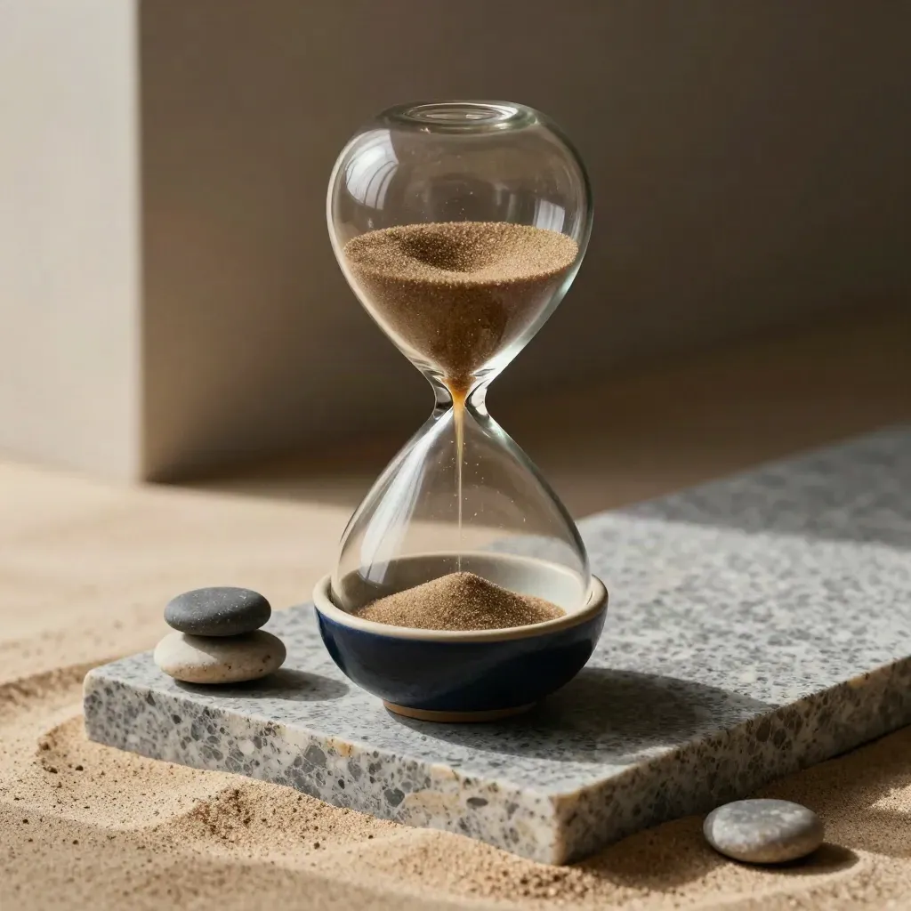 Een zandloper met pebbles en een keramische schaal op steen, in zacht licht.