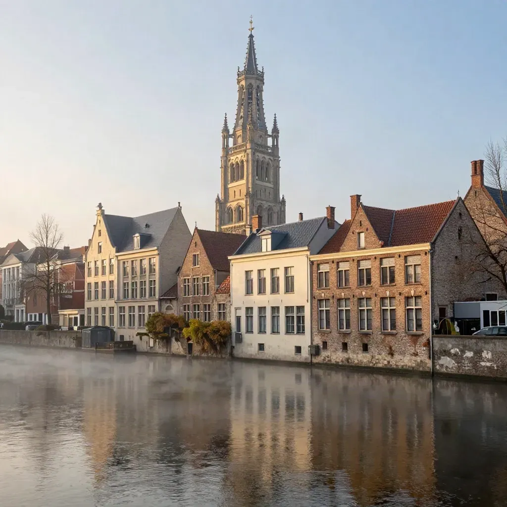 Utrechtse skyline met de Domtoren boven stille grachtroofs en mistig water in blauw uur.