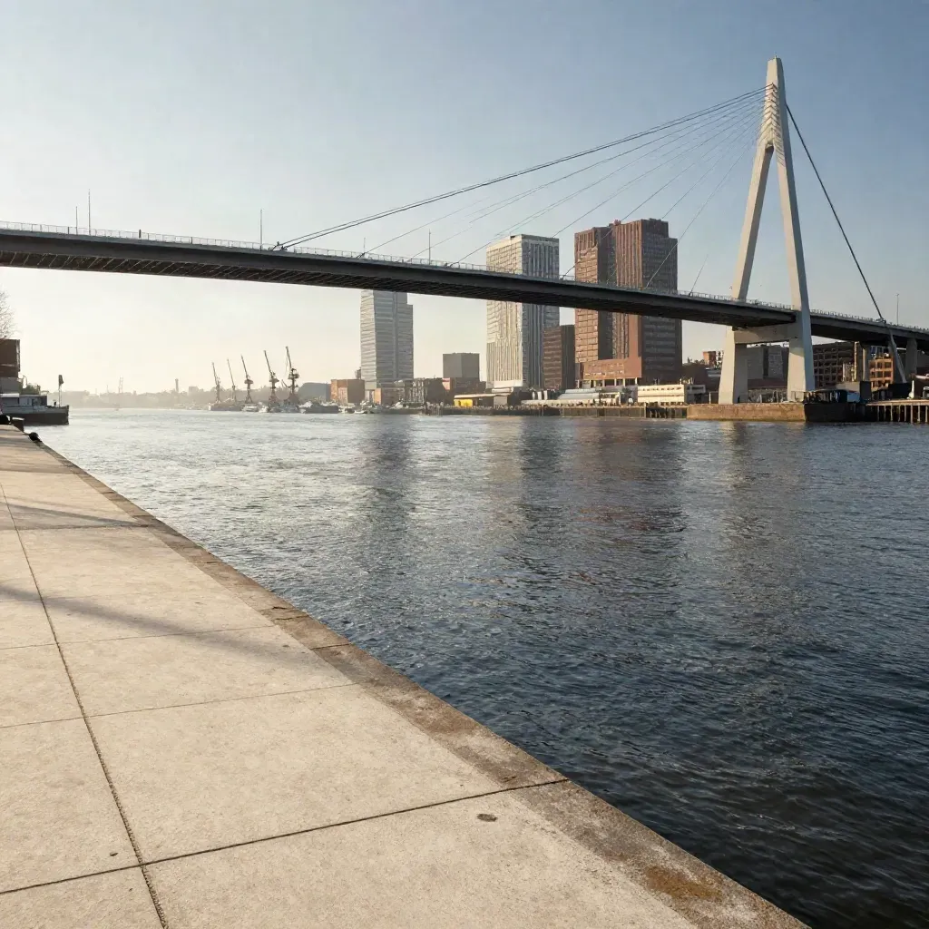 Rotterdam met de Erasmusbrug en havenkranen boven rustig rivierwater bij zonsondergang.