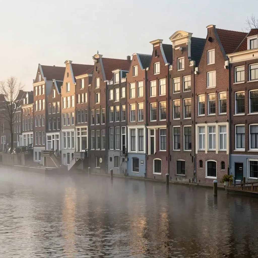 Amsterdamse grachtenpanden boven de rustige IJ-waterkant in warm avondlicht