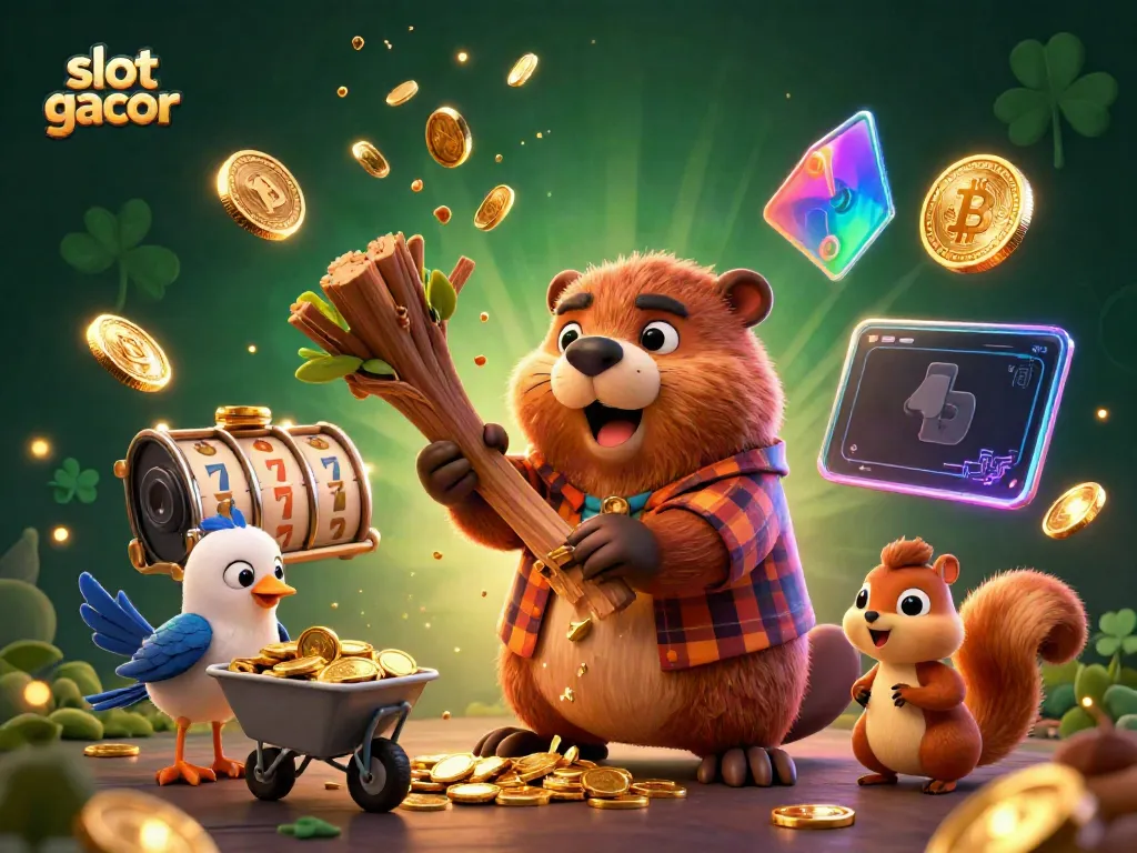 Watch slot gacor animated scene with lucky beaver, coins raining, and vibrant casino elements.