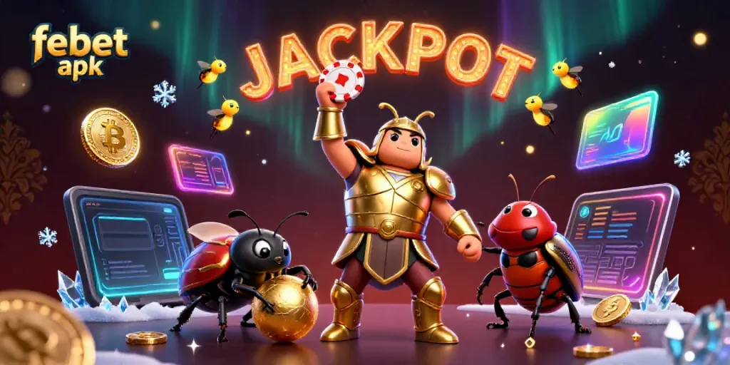 Experience excitement with the febet apk in this vibrant 3D casino scene featuring characters and glowing coins.