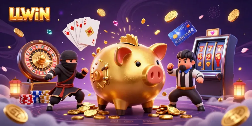 Bet big with LLWIN: animated scene of a sumo piggy bank and ninja wallet in a casino