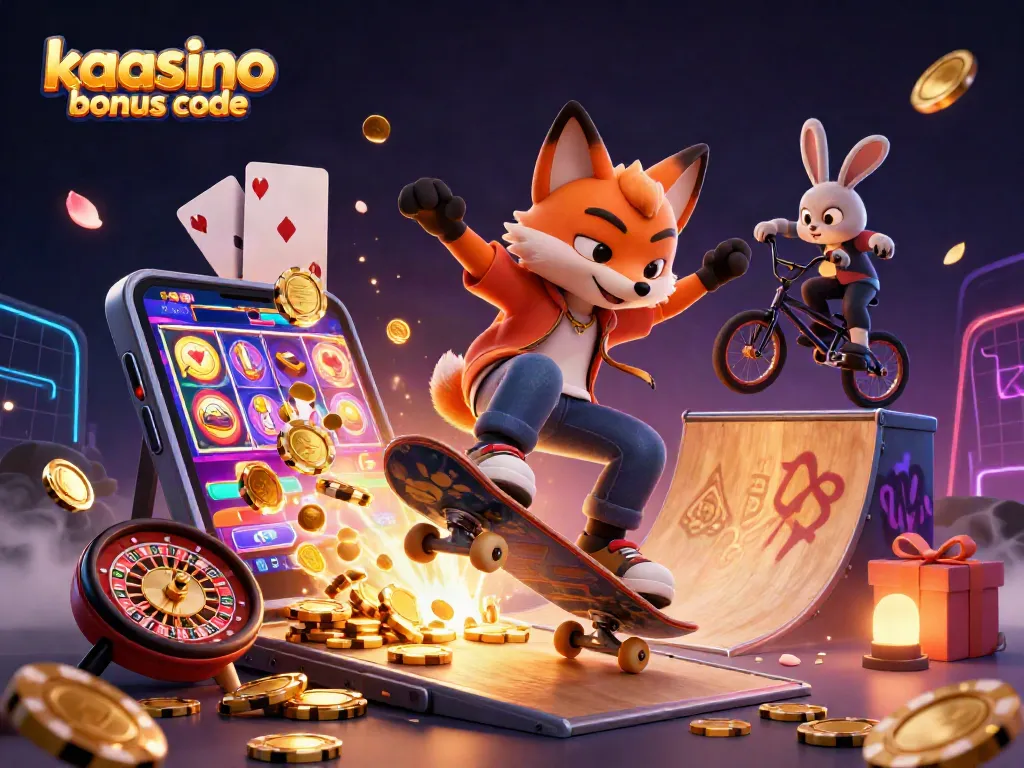 Kaasino bonus code ignites excitement with a vibrant 3D casino scene featuring a skateboarder fox and BMX rabbit.