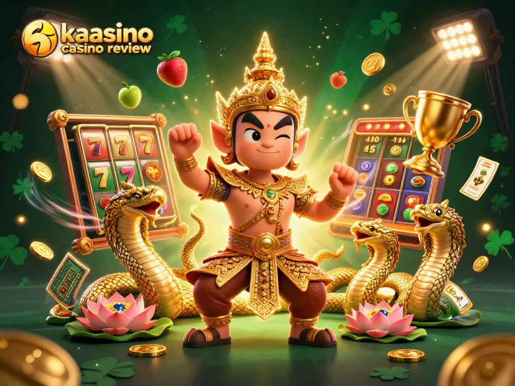 Kaasino casino review showcasing vibrant 3D digital illustration with Thai guardian and slots.