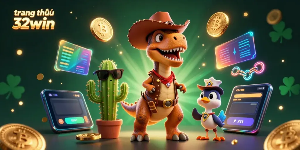Experience the excitement of trang chủ 32win with a dynamic scene of a cowboy dinosaur and crypto elements.