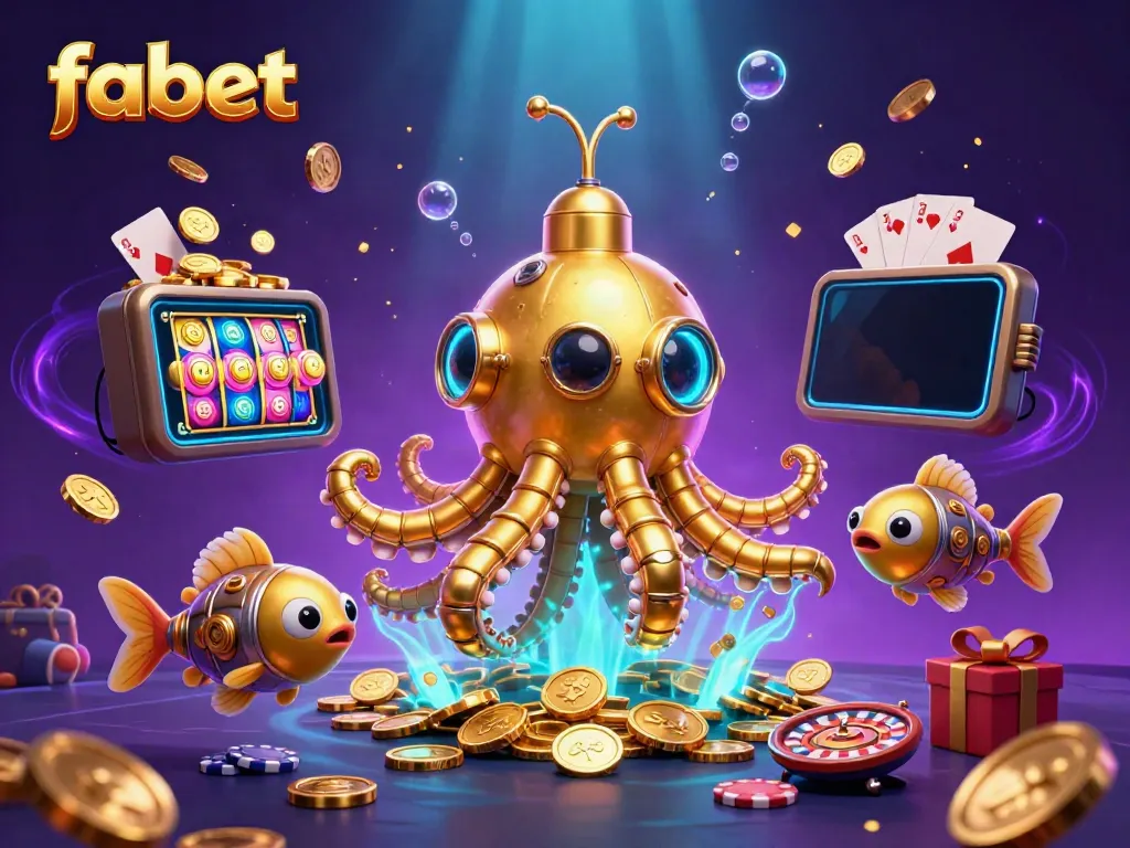 Experience fabet thrills with a golden kraken submarine and mechanical fish around a vibrant slot game scene.